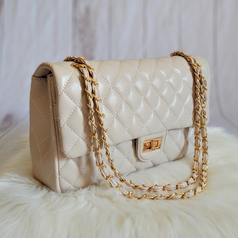 ADELA Quilted Mid Sized Turn Lock Handbag in Beige - Picture 2 of 5